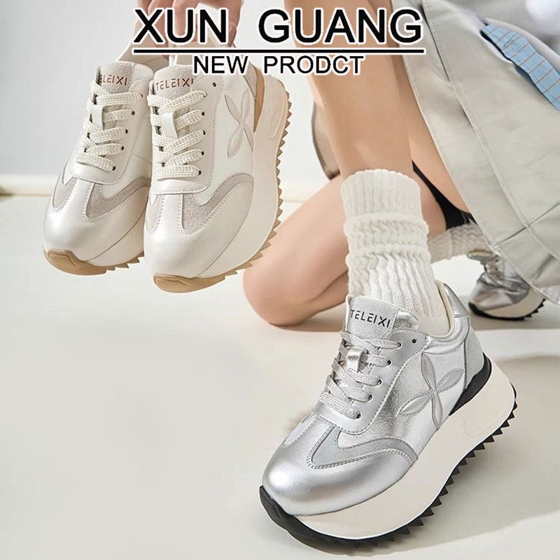 Genuine Leather 8Cm Thick Sole Increased Silver Forrest Gump Shoes Women'S 2025 Spring And All-Match Little Dad Shoes - Image 5