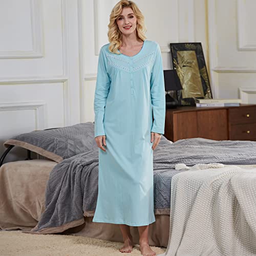 Keyocean Women's Nightgowns, Soft Comfy, and Lightweight Cotton Long Sleeves Ladies Loungewear, Turquoise Color, XX-Large (XXL) - Image 3