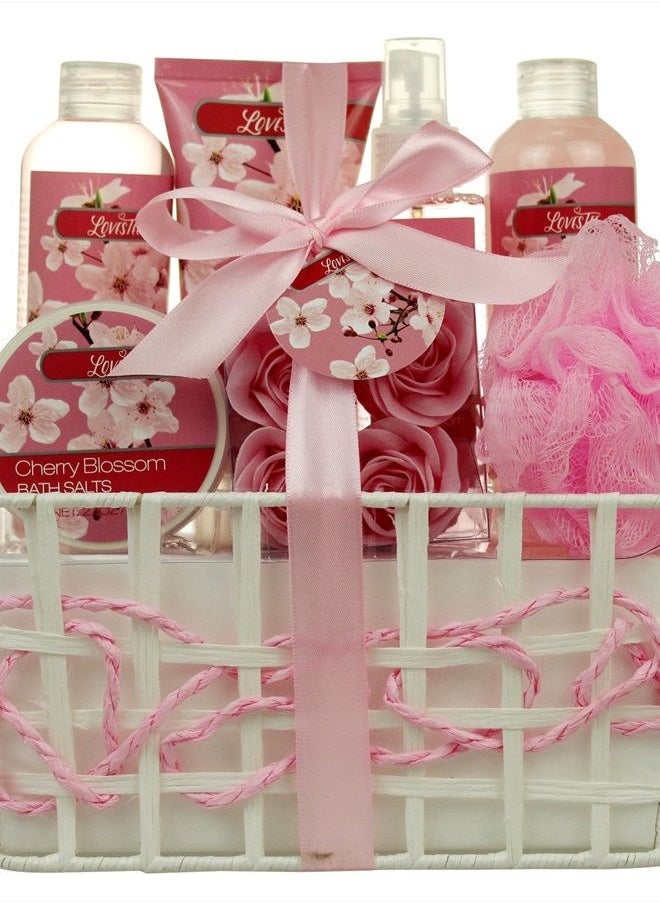 Lovestee Spa Bath and Body - Spa Gift Baskets for Women & Girls, Cherry Fragrance, Spa Birthday Gift Includes Loofah Sponge, Bath Salt, Body Lotion, Soap Rose, Body Mist, Shower Gel Bubble Bath  - Image 1