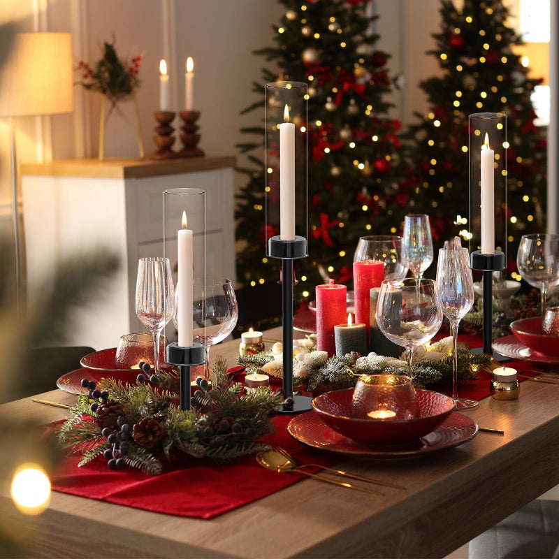 Batoslee Black Hurricane Candle Holders Set of 3, Tall Metal & Windproof Glass Taper Candle Holders, Outdoor/Indoor Table Centerpieces for Weddings, Christmas, Parties, Fireplace Decor - Image 5