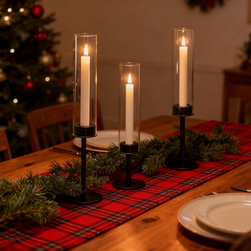 Batoslee Black Hurricane Candle Holders Set of 3, Tall Metal & Windproof Glass Taper Candle Holders, Outdoor/Indoor Table Centerpieces for Weddings, Christmas, Parties, Fireplace Decor - Image 1