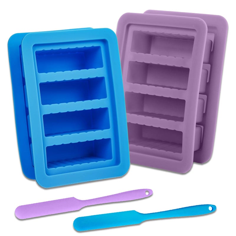 XPAPOV 2PCS Butter Silicone Mold with Lid, Non-Stick Butter Mold Tray with Measurements, Butter stick molds with butter paddles for Making Butter for Chocolate Making and Homemade Cakes Baking (Blue&Purple) - Image 1