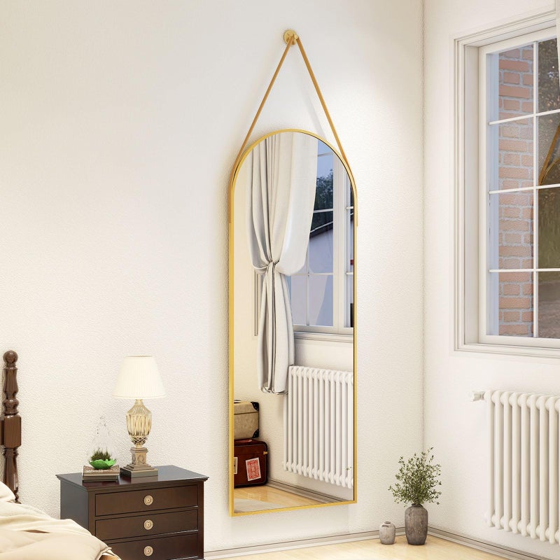 16x48 Full Length Mirror Modern Arched Door Mirror Full Length with Hanging Leather Cord Wall Mounted Decor with Hanging Leather Strap for Bathroom Vanity Living Room Bedroom Entrance Gold
