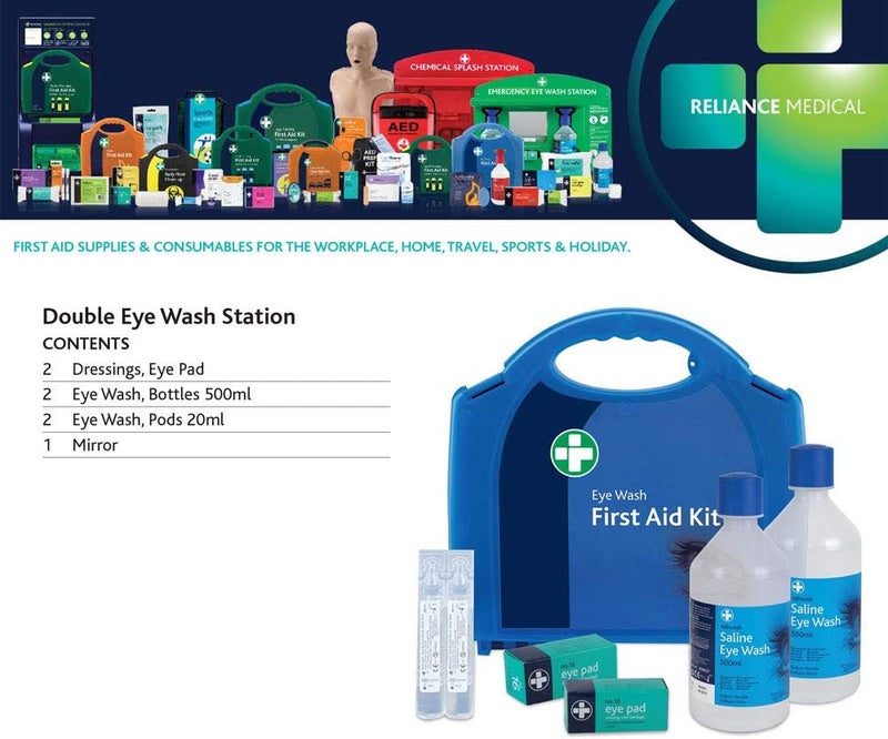 Reliance Medical First Aid Eye Wash Kit - 2 x 500ml Reliwash Eyewash Bottles with Mirror - 2 x 20ml Saline Sterile Solution Pods Drops for Eyes And Eye Pads - Image 5