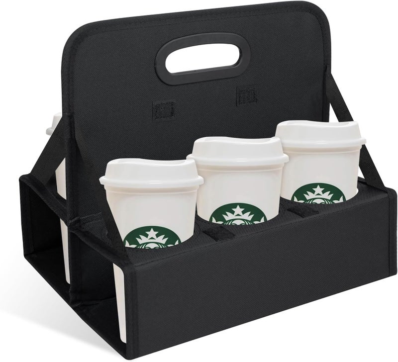 ZKOO Portable Drink Carrier with Handle, 6 Cup Foldable Portable Drink Carrier, Reusable Cup Holder Carry Coffee, Wine, Cocktails, Hot and Cold Beverages for Delivery and Take Out (Black) - Image 1