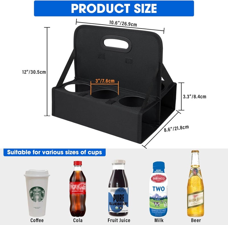 ZKOO Portable Drink Carrier with Handle, 6 Cup Foldable Portable Drink Carrier, Reusable Cup Holder Carry Coffee, Wine, Cocktails, Hot and Cold Beverages for Delivery and Take Out (Black) - Image 4