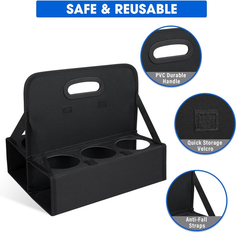 ZKOO Portable Drink Carrier with Handle, 6 Cup Foldable Portable Drink Carrier, Reusable Cup Holder Carry Coffee, Wine, Cocktails, Hot and Cold Beverages for Delivery and Take Out (Black) - Image 3
