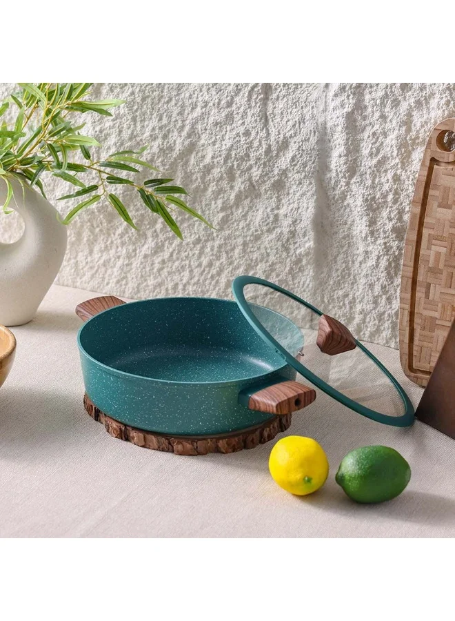 DANUBE HOME Chef's Delight Florin Shallow Pot with Lid – Non-Stick, PFOA-Free Marble Coating – Durable Cooking Pot for Home Kitchen, Frying, Stewing & Sautéing 28x8cm - Green
