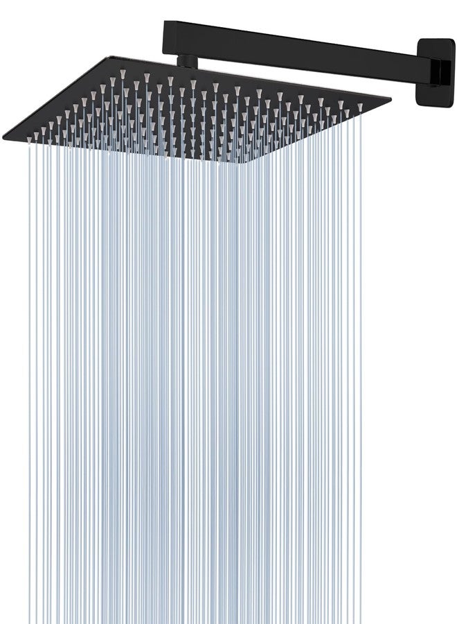 Voolan All Metal Shower Head with Extension Arm, Stainless Steel Waterfall Rainfall Showerheads, High Flow Bathroom Square Rain Shower Head (12’’ Shower Head with 16’’ Shower Arm, Black) - Image 1