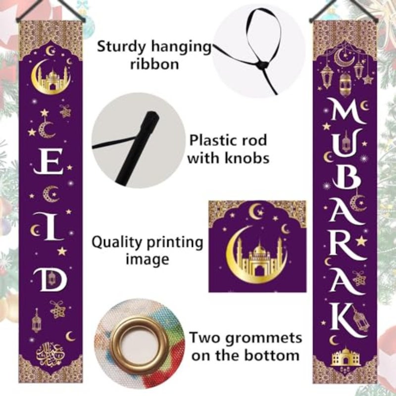 2 Pcs Ramadan Mubarak Decorations Set Ramadan Mubarak Porch Sign - Welcome First Day of Ramadan Banner Hanging Decoration for Indoor/Outdoor Front Door Decor Ramadan Party - Image 4
