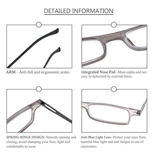 REAVEE Folding Reading Glasses for Men Women Ultra Thin Blue Light Blocking Anti UV/Eyestrain Computer TR90 Slim Foldable Portable Readers with Compact Flat Case, Grey +1.5 - Image 4
