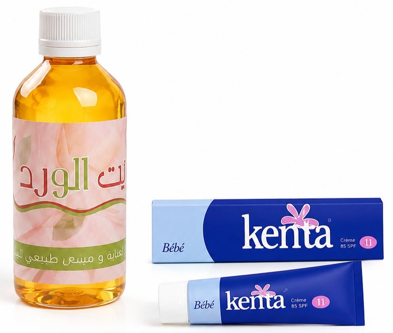The complete brightening and radiance set (Kenta Blue Cream for lightening pigmentation and moisturizing dark areas + Rose Oil, a collagen stimulant and natural skin whitener, 250ml)
