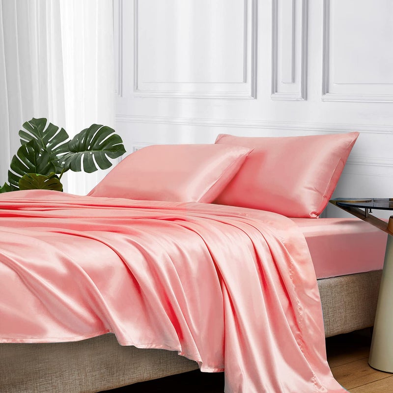 MRHM Satin Bed Sheets Queen Size Sheets Set 4 Pcs Silky Bedding Set with 15 Inches Deep Pocket for MattressQueen Blush
