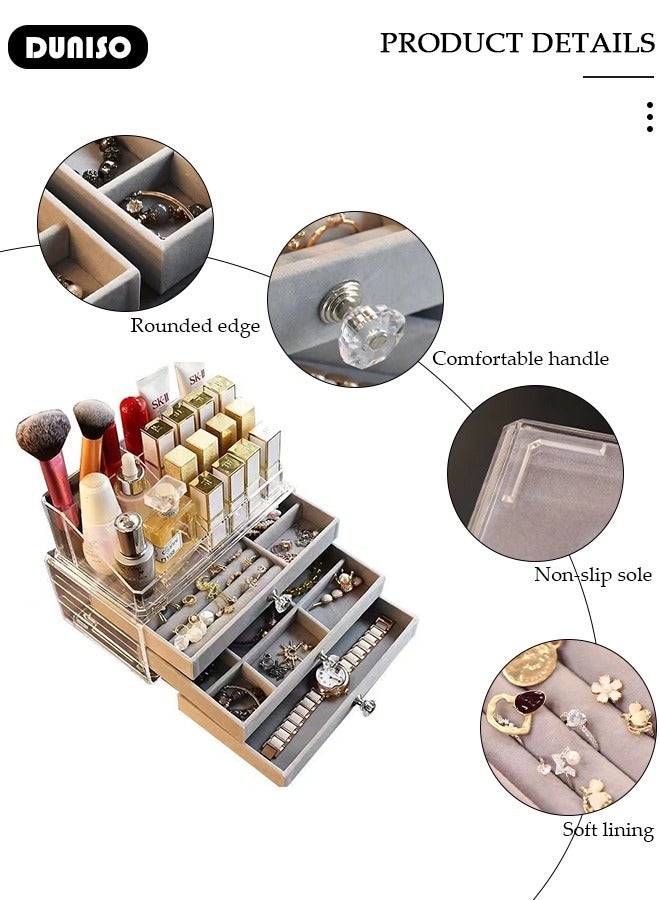 DUNISO صناديق تخزين المجوهرات متعددة الوظائف للنساء والفتيات، 3 أدراج من الفخامة الواضحة لتنظيم المجوهرات، منظم مجوهرات للسفر لتخزين القلائد والأقراط، صندوق عرض المجوهرات - Image 2
