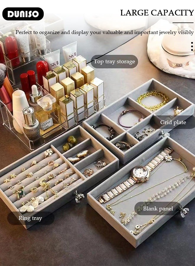 DUNISO صناديق تخزين المجوهرات متعددة الوظائف للنساء والفتيات، 3 أدراج من الفخامة الواضحة لتنظيم المجوهرات، منظم مجوهرات للسفر لتخزين القلائد والأقراط، صندوق عرض المجوهرات - Image 3