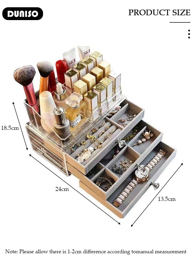DUNISO صناديق تخزين المجوهرات متعددة الوظائف للنساء والفتيات، 3 أدراج من الفخامة الواضحة لتنظيم المجوهرات، منظم مجوهرات للسفر لتخزين القلائد والأقراط، صندوق عرض المجوهرات - Image 4