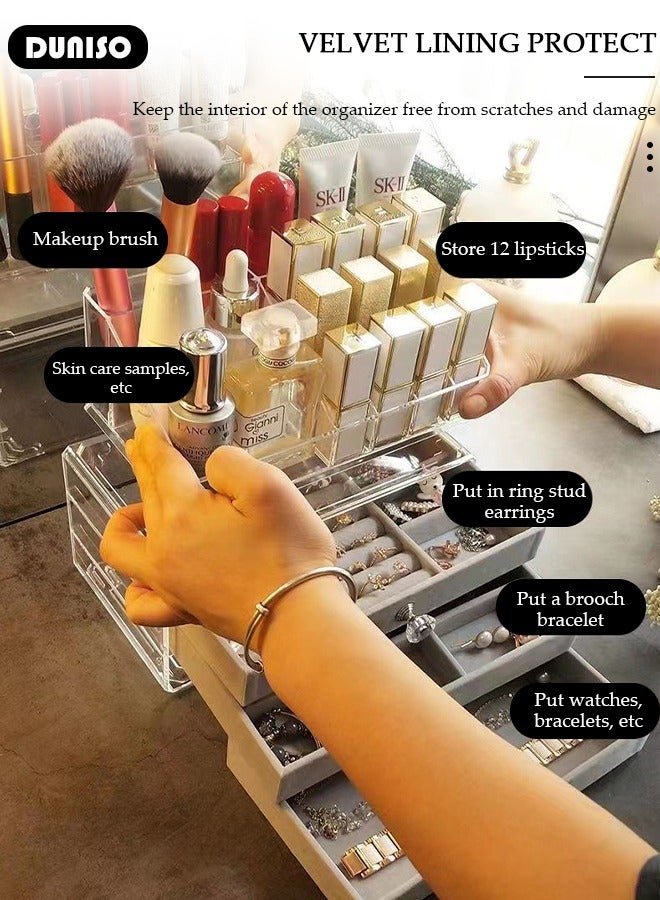 DUNISO صناديق تخزين المجوهرات متعددة الوظائف للنساء والفتيات، 3 أدراج من الفخامة الواضحة لتنظيم المجوهرات، منظم مجوهرات للسفر لتخزين القلائد والأقراط، صندوق عرض المجوهرات - Image 5