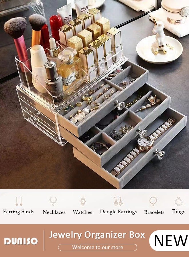 DUNISO صناديق تخزين المجوهرات متعددة الوظائف للنساء والفتيات، 3 أدراج من الفخامة الواضحة لتنظيم المجوهرات، منظم مجوهرات للسفر لتخزين القلائد والأقراط، صندوق عرض المجوهرات - Image 1