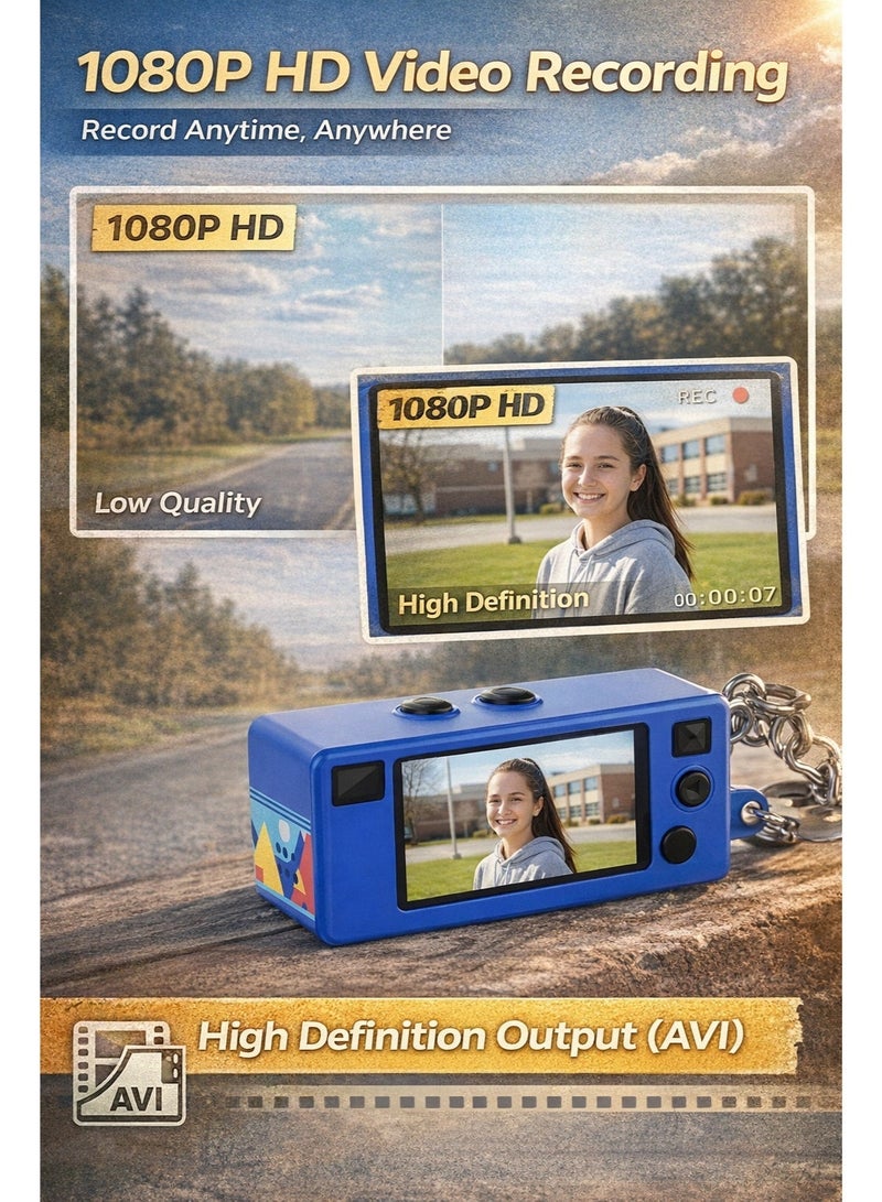 نييكام كاميرا صغيرة بتصميم ريترو بدقة 1080P HD - مسجل فيديو رقمي محمول مع ميدالية مفاتيح، شاشة LCD مقاس 0.96 بوصة، عدسة بزاوية واسعة 130 درجة، وإضاءة مدمجة - تشمل بطاقة ذاكرة 32 جيجابايت - كاميرا جيب لمدونات الفيديو (Vlog) للأطفال والمراهقين والسفر (لون أزرق) - Image 4