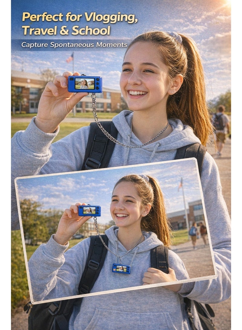نييكام كاميرا صغيرة بتصميم ريترو بدقة 1080P HD - مسجل فيديو رقمي محمول مع ميدالية مفاتيح، شاشة LCD مقاس 0.96 بوصة، عدسة بزاوية واسعة 130 درجة، وإضاءة مدمجة - تشمل بطاقة ذاكرة 32 جيجابايت - كاميرا جيب لمدونات الفيديو (Vlog) للأطفال والمراهقين والسفر (لون أزرق) - Image 5