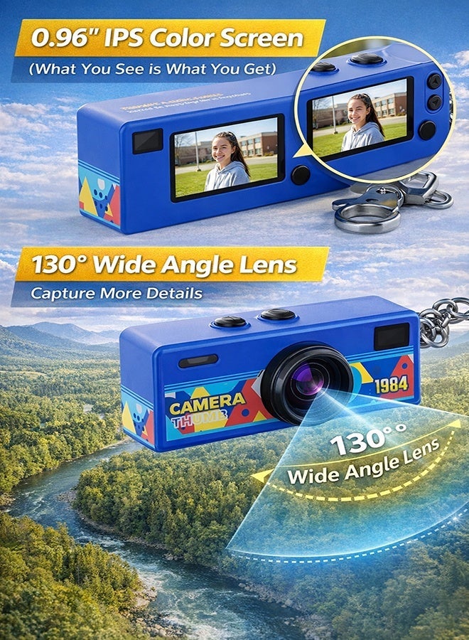 نييكام كاميرا صغيرة بتصميم ريترو بدقة 1080P HD - مسجل فيديو رقمي محمول مع ميدالية مفاتيح، شاشة LCD مقاس 0.96 بوصة، عدسة بزاوية واسعة 130 درجة، وإضاءة مدمجة - تشمل بطاقة ذاكرة 32 جيجابايت - كاميرا جيب لمدونات الفيديو (Vlog) للأطفال والمراهقين والسفر (لون أزرق) - Image 3