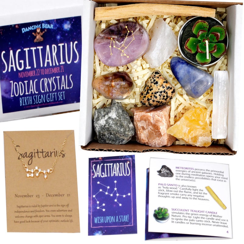 DANCING BEAR Sagittarius Zodiac Healing Crystals Gift Set 14 Pc 9 Stones 18K GoldPlated Constellation Necklace Meteorite Succulent Candle Palo Santo Smudge Stick  Info Guide Made in The USA