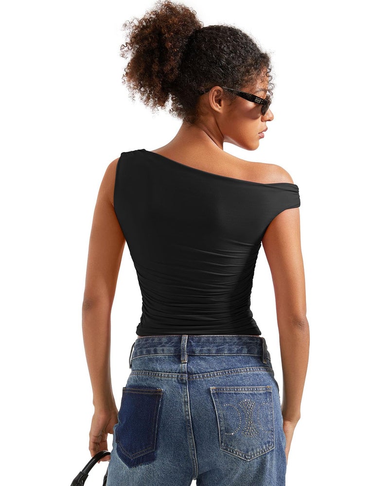 SUUKSESS Women Off Shoulder Tops Sleeveless Shirts Y2K Trendy Going Out Crop Tank Top (Black,S) - Image 3