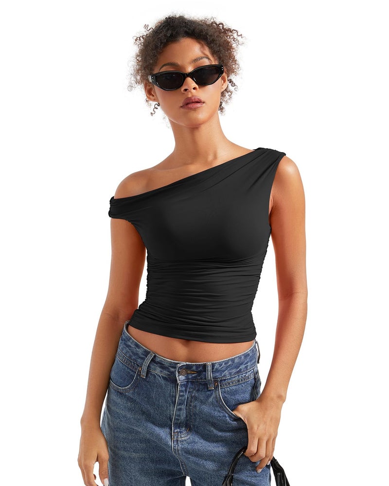 SUUKSESS Women Off Shoulder Tops Sleeveless Shirts Y2K Trendy Going Out Crop Tank Top (Black,S) - Image 5