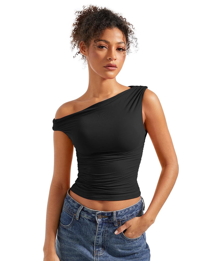 SUUKSESS Women Off Shoulder Tops Sleeveless Shirts Y2K Trendy Going Out Crop Tank Top (Black,S) - Image 1