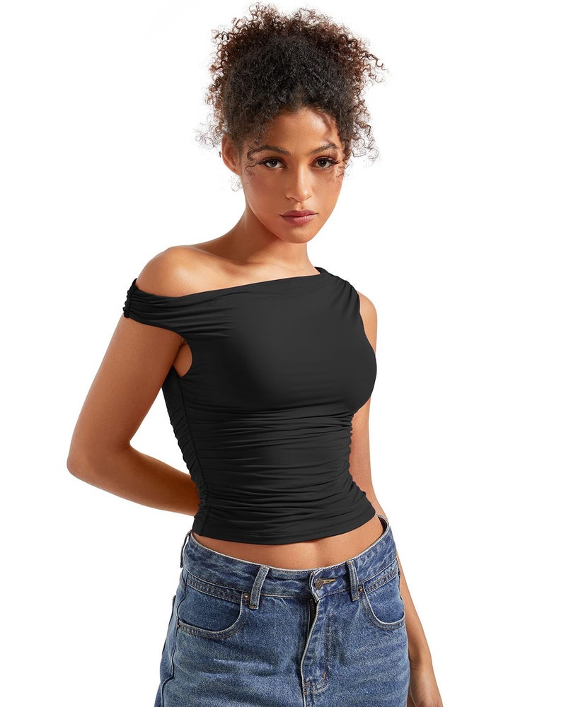 SUUKSESS Women Off Shoulder Tops Sleeveless Shirts Y2K Trendy Going Out Crop Tank Top (Black,S) - Image 4