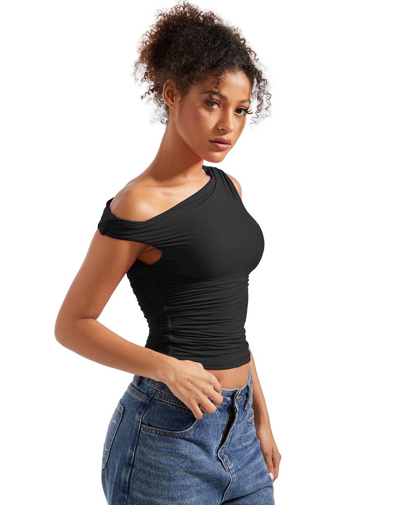 SUUKSESS Women Off Shoulder Tops Sleeveless Shirts Y2K Trendy Going Out Crop Tank Top (Black,S) - Image 2