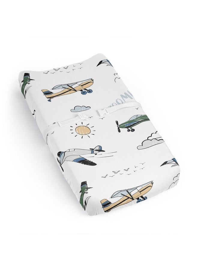 Sweet Jojo Designs Sweet Jojo Designs Vintage Airplane Boy Baby Changing Pad Cover Sheet Infant Newborn Diaper Table Change Mat Cover Grey Green Blue White Yellow Airplanes Plane Transportation Clouds Sun Sky Aviator  - Image 1