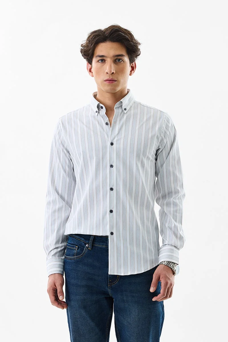 SNITCH White Striped Long Sleeve Slim Fit Luxe Shirt