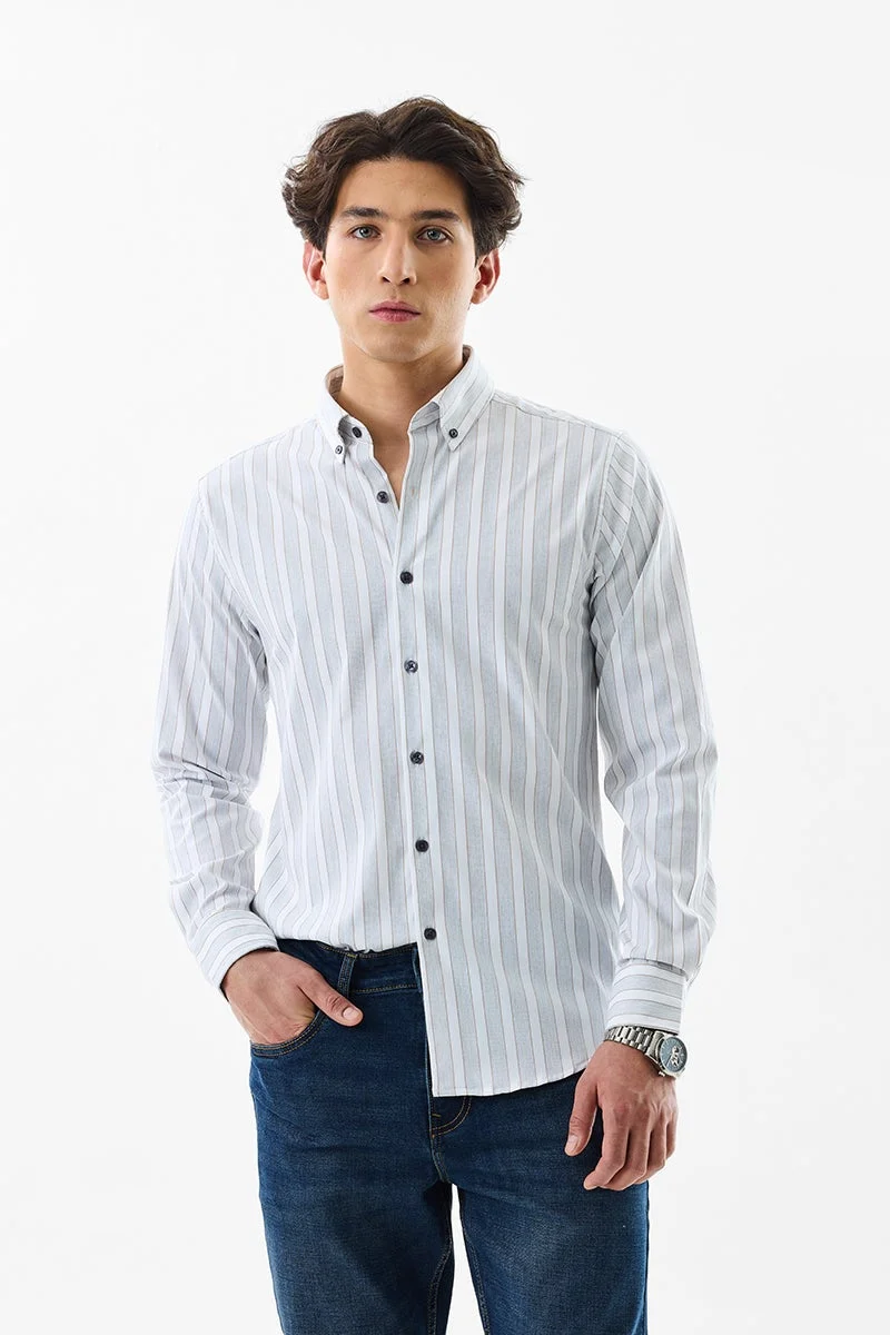 SNITCH White Striped Long Sleeve Slim Fit Luxe Shirt