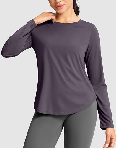 SANTINY Lightweight Long Sleeve Workout Tops for Women Breathable Gym Yoga Athletic Running Hiking Top UPF 50 Sun Shirts Purple Grey_L - Image 3