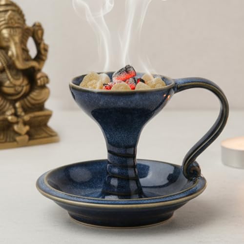 Bodhi House Ceramic Dhuna Loban Burner – Round Dhooni Dhoop Dani | Traditional Table-Top Incense Burner for Loban & Dhoop | Elegant Ceramic Home Fragrance Holder for Meditation, Puja & Purification - Image 1