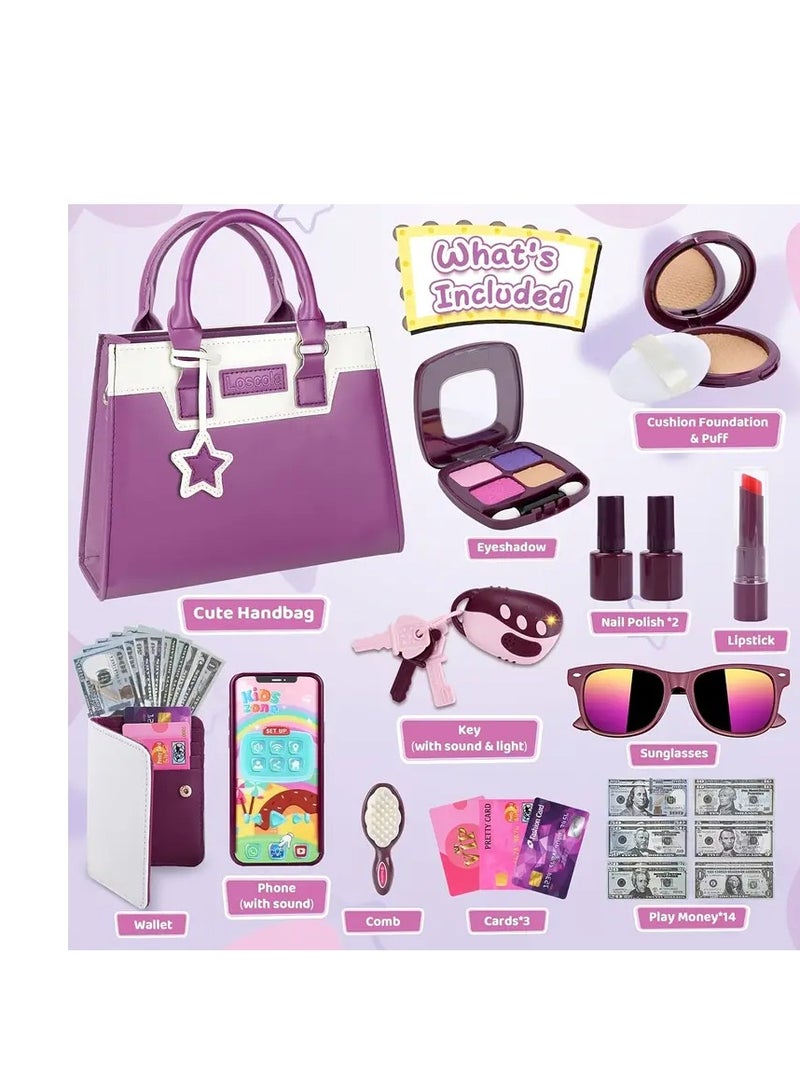 Kids Pretend Play Purse Set, 29 Pieces with Toy Wallet, Handbag, Coins, Cards and Makeup Accessories - Image 2