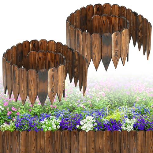 Alphatool Rustic Pine Wood Garden Fence - 13.2ft Total Length (2pcs 6.6ft L*12in H) Easy to Install Sturdy Wooden Landscape Edging Border, No Fading Planter Fencing for Yard Flower Bed Lawns Pathway Tree - Image 1