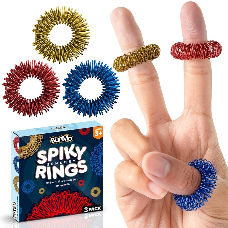 BunMo Easter Gifts for Adults - Spiky Sensory Rings 3pk - Fidget Ring for Adults - Sensory Stimulation & Finger Comfort - Teen Boy Easter Basket Stuffers - Acupressure Rings - Image 1