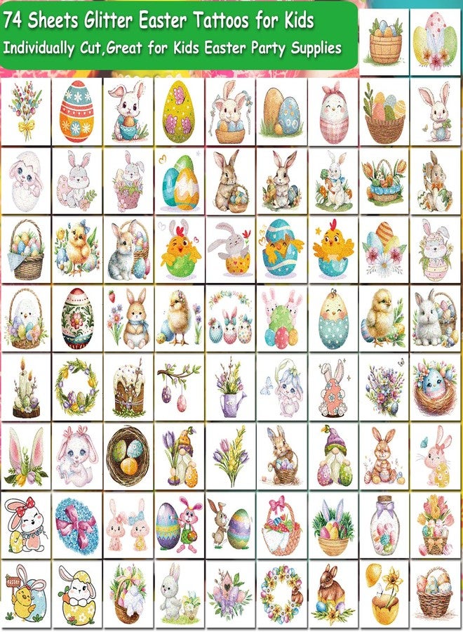 CHARLENT Glitter Easter Temporary Tattoos for Kids Easter Basket Stuffers - 74 Individually Sheets Glitter Easter Egg Bunny Tattoos for Boys Girls Easter Party Favors - Image 2