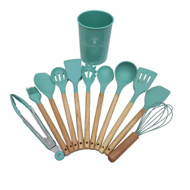 12-Piece Silicone Cooking Utensil Set with Bamboo Handles, Non-Stick Cookware Safe, Includes Holder - Image 2