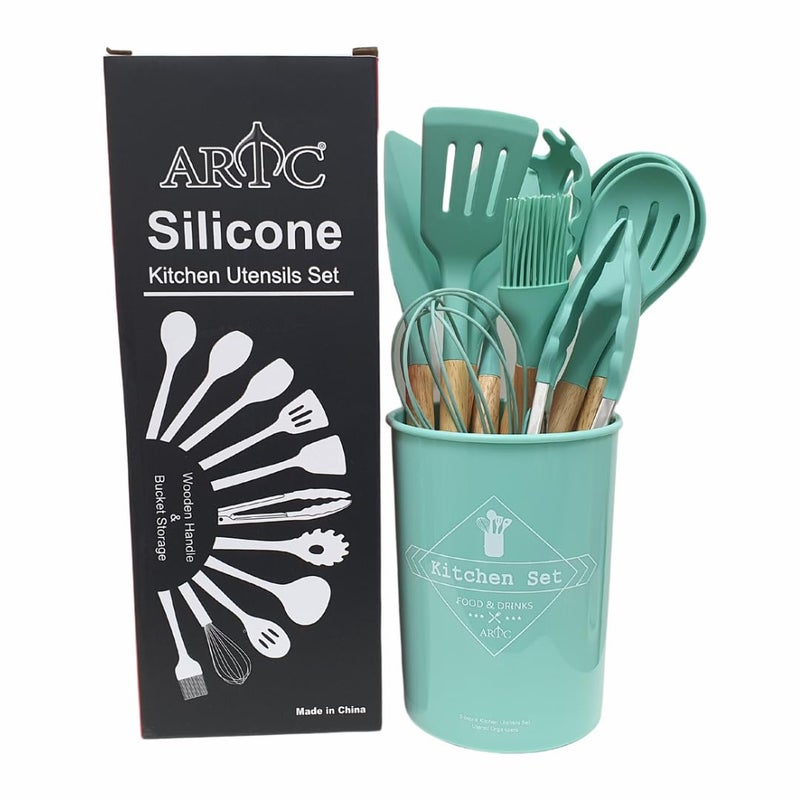 12-Piece Silicone Cooking Utensil Set with Bamboo Handles, Non-Stick Cookware Safe, Includes Holder - Image 1