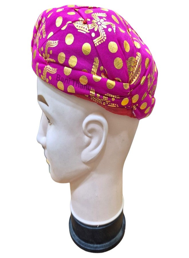 BANI THANI® Rajasthani Bandhani Cotton Pagdi for Men's & Women's Traditional Round Turban for Any Party Events or Festival, Freesize Support Upto 22inch head size (Rani Pink Foil Pagdi) - Image 4