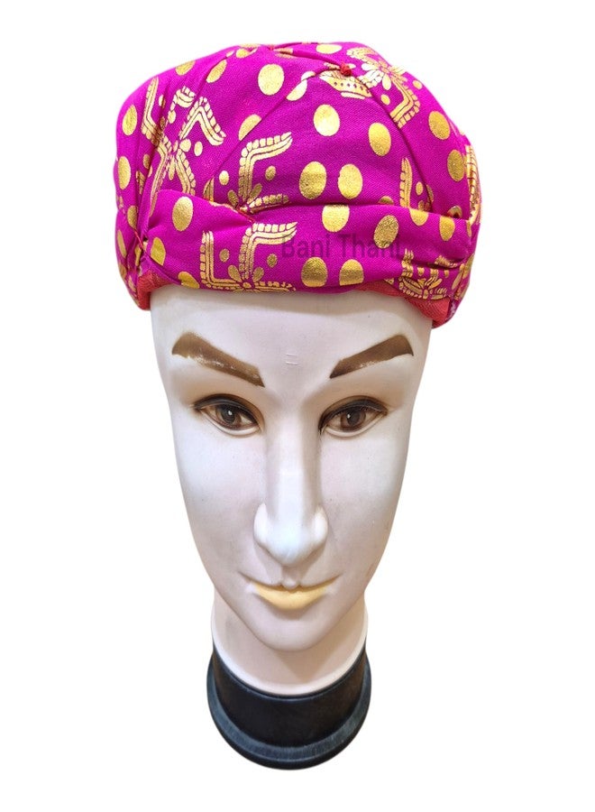 BANI THANI® Rajasthani Bandhani Cotton Pagdi for Men's & Women's Traditional Round Turban for Any Party Events or Festival, Freesize Support Upto 22inch head size (Rani Pink Foil Pagdi) - Image 2