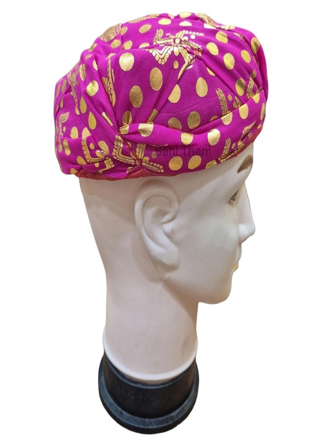 BANI THANI® Rajasthani Bandhani Cotton Pagdi for Men's & Women's Traditional Round Turban for Any Party Events or Festival, Freesize Support Upto 22inch head size (Rani Pink Foil Pagdi) - Image 3