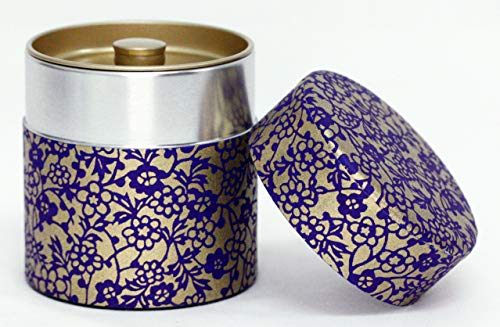 KOTODO Washi Paper Tea Tin Canister: Wide 3.5oz (100g) Purple and Gold Flower & Ivy (#80)  Japan - Image 1