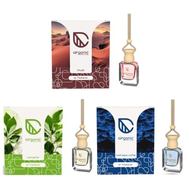 Airganic Swing Prime Car Perfume Hanging Pod Musk Camphor Cool Aqua Water Pack 3 Car Air Freshener Natural Essential Fragrance Oils in Glass Bottle with Wooden Diffuser Lid Last Upto 60 Days - Image 2