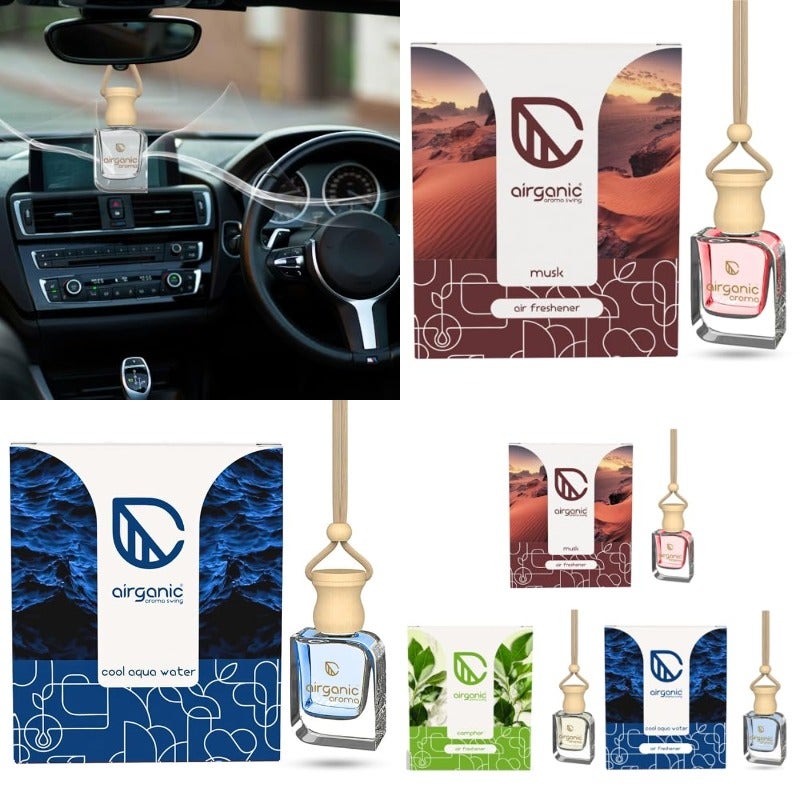 Airganic Swing Prime Car Perfume Hanging Pod Musk Camphor Cool Aqua Water Pack 3 Car Air Freshener Natural Essential Fragrance Oils in Glass Bottle with Wooden Diffuser Lid Last Upto 60 Days - Image 1