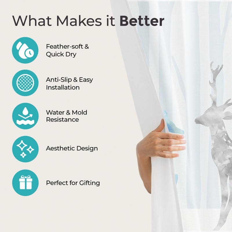 The Better Home Shower Curtain & Bathroom Mat Set (3pc) | 6 Ft Shower Curtains for Bathroom| U-Shaped Anti Skid Mat for Bathroom Floor | Non Slip Mat for Bathroom | Mold Resistant | Snow Deers - Image 3