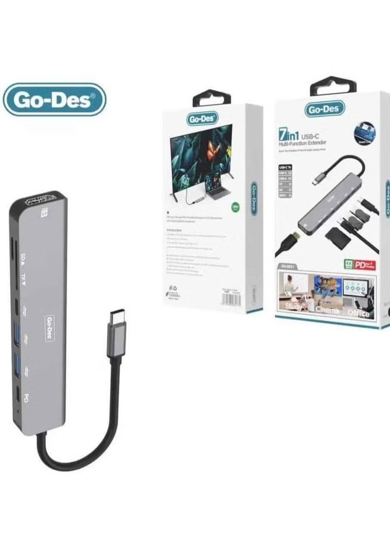 GO-DES 7-In-1 Multiport Usb C Hub (With 4K Hdmi, Usb-C, 2 X Usb A, 3.5mm Audio, Sd 3.0 Slot, And Micro-Sd 3.0 For Macbook Pro, Macbook Air, Ipad Pro, Xps And More - Image 1